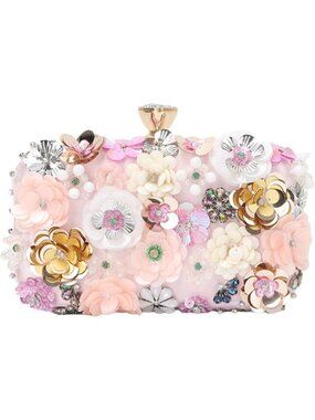 Women Light Pink Clutches Top Flower Chain Strap Evening Handbag Shoulder Bag